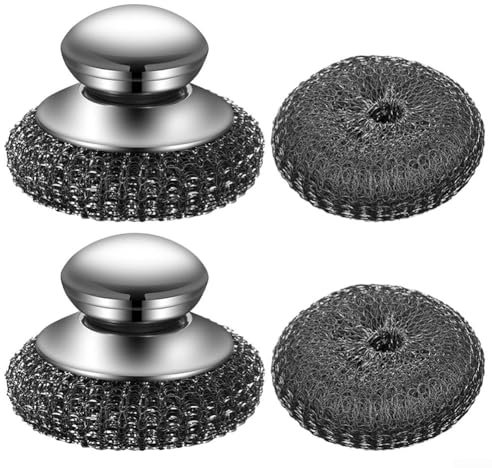 Kitchen Cleaning Brush Set, 2 Steel Wool Scrubbers With Handles And 2 Extra Heads, For Pots, Pans, Dishes Steel Wool Scrubber
