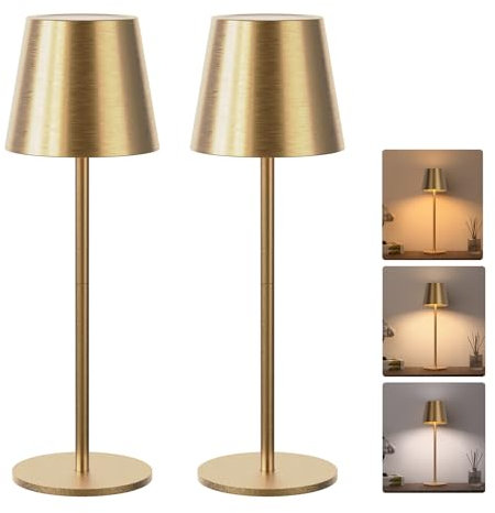 JACKYLED Tischlampe Kabellos, Wiederaufladbar mit 5000mAh Akku, 3 Höhen Verstellbar, 3 Farbtemperaturen Dimmbar (cremefarben, Goldn-2 Stück)
