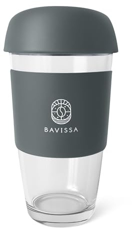 BAVISSA Glass Coffee Cup with Lid and Silicone Sleeve (Grey) | 500ml, BPA Free, Eco Friendly