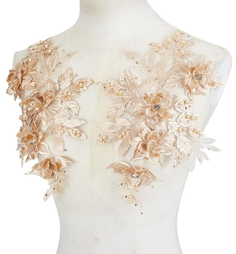 HOBBIESAY 1 Paar Hellgoldene Blumen Spitzen Applikationen 3D Blumenstickerei Applikationen Strass Perlen Blumen Aufnäher Für Damen Hochzeitskleid Kleid Mieder Kostüm Kleidung DIY