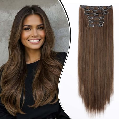Dcbaboo Clip in Extensions Glatt Clip in Haarteil Haarverlängerung 6PCS 55cm Haarverlängerung mit Clips Günstig Synthetik Lange Clip in Hair Extensions für Damen Voller Kopf, Dunkelbraun mix Auburn
