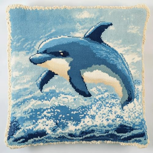 ASONGLINGO DIY Knüpfkissen Cartoon-Delfin 3D-Kissen-Materialpaket,Knüpfhaken-Sticksets,Knüpfen Kissen Set,Häkelkissenbezug für Zuhause 43x43cm
