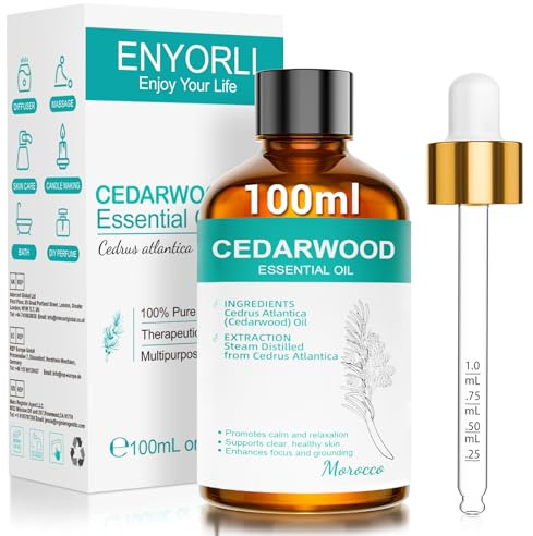 ENYORLI Olio Essenziale di Legno di Cedro 100ml Naturale per Diffusore Aromaterapia, Rilassamento Muscolare, Cura di Capelli e Cuoio Capelluto, Pelle, Unghie, Umore, Aria Fresca