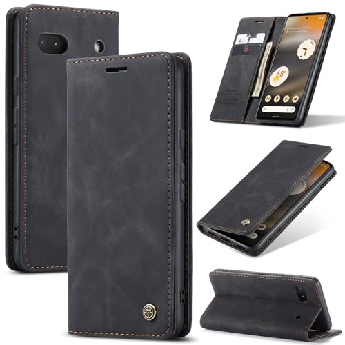 Samokor Handyhülle für Google Pixel 6A 5G Magnet Leder Klapphülle | Premium Leder,Klappbar,Flip Case,Schutzhülle,Tasche,Kartenfach,Standfunktion,Stoßfest,Hülle für Google Pixel 6A,Schwarz