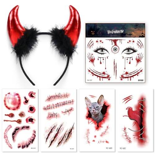 GGUFAY Copricapo di Halloween con corna da diavolo per donna, incluso copricapo con corna e tatuaggio sul viso, adatto per Halloween, giochi di ruolo per feste, carnevale