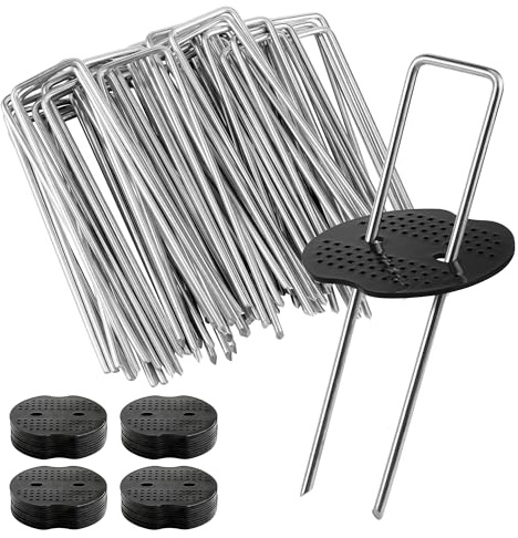 Unkrautvlies Erdanken, Bodenanker 50 Stück + 50 Stück Unterlegscheiben (150 x 40mm, Ø4 mm), Anti Rost Verzinkte Bodenanker für Garten, Mulch und Kunstrasen, Camping