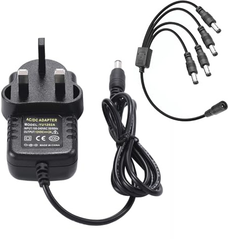 COLM 12V 2A Power Supply UK with 1 to 4 Power Splitter Cable 4-way Cord 2000m Adapter for Transformers-Fits Analog AHD DVR Security Camera
