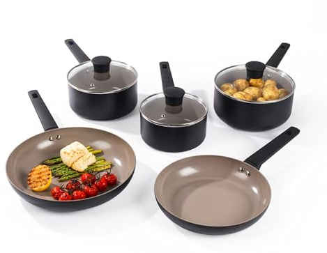 Salter Recycled Ceramic 5 Piece Cooking Pan Set – 16/18/20 cm Saucepans & 24/28 cm Frying Pans, Pressed Aluminium, PFOA & PFAS-Free Non-Stick Coating, Stay Cool Handles, Includes Tempered Glass Lids