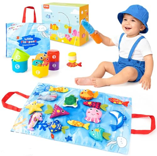 Funsland Montessori Juguete Bebe 1 Año, 22 Piezas Juego Pescar Peces para Niños,Cubos Apilables, Bolsa, Juguetes Educativos Bebes 12 Meses Juegos,Regalo Bebé 1 2 3 Años