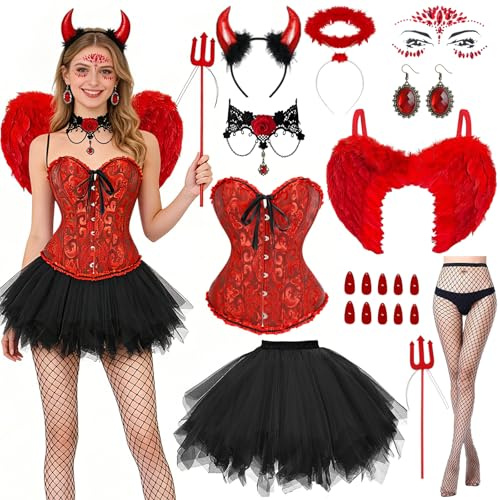 Schwarz Engel Kostüm Teufel Kostüm Damen,Rote Engelsflügel Schwarz Kostüm, Engel und Teufel Flügel-Kostüm mit Schnürkorsett Top, Engel Flügel, Tüllrock Netzstrumpfhose Zubehör für Karneval Cosplay