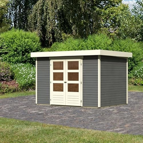 Karibu Askola 4 | Abri de Jardin Bois Massif Gris Terre 6,55m² | Double Porte Vitrée & Toiture Feutre Bitumé | Résistant UV et Intempéries | Dimensions 302x217cm