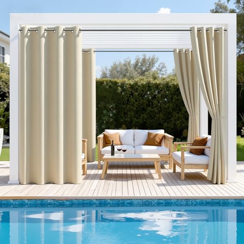 Ansobea Outdoor Vorhang 132x244cm(BxH), Blickdicht Wasserdicht Wetterfest Outdoorvorhänge mit Ösen, Sichtschutz & Sonnenschutz Outdoor Gardinen, für Garten Balkon Terrasse Pavillon (2 Stück,Beige)