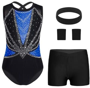 Raenseen 4tlg.Mädchen Turnanzug Glitzer Gymnastikanzug Ärmellos Ballettanzug Strass Glänzend Turnbody Gymnastik Leotard Tanz Outfit