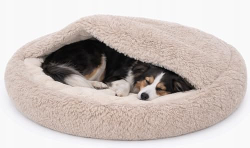 Odolplusz Rundes Kuschel-Hundebett und Katzenbett, Beige, Shaggy Bouclé, Schlafsack-Design, Warmes Höhlenbett, Rutschfester Boden, Maschinenwaschbar, für Mittelgroße Hunde und Große Katzen (100 cm) | Höhlen-Design, Rutschfester Boden, Maschinenwaschbar, Für Hunde & Katzen, Wärmespeichernd
