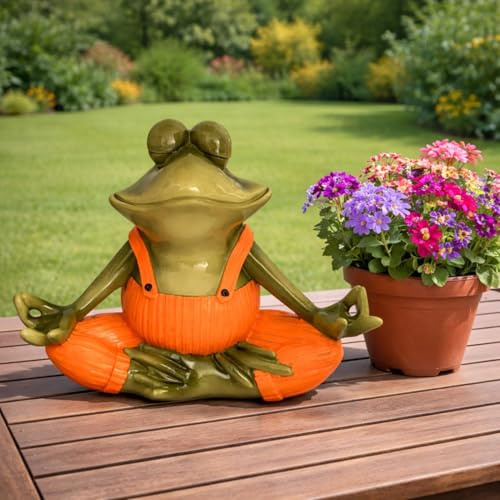 Online Fuchs Lustige Gartenfiguren für draußen Yoga Frosch mit Latzhose - Teichdeko - wetterfest mit glänzendem Glossy-Look - 25 oder 31,5 cm groß (Orange groß)