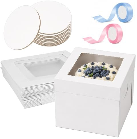 Forbabe 10-pack tårtkartong set, 20 x 20 x 20 cm vit tårtlåda transportlåda | Tårtfat med tårtfat och 44 m satinband, kaklåda för transport och presentation av kakor/bakverk/kakor