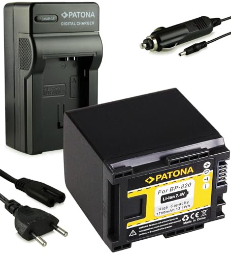 PATONA Caricabatteria 3in1 + BP-820 Batteria 1780mAh – per Canon XA20 XA25 XA10, LEGRIA HF G30 G40, HF M300–M400, HF S-serie – kit con alimentatore 100–240V e adattatore auto 12/24V