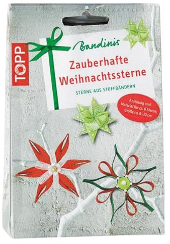 Bandinis Zauberhafte Weihnachtssterne Materialset: Anleitung für 3 verschiedene Sterne, Schleifenbänder, selbstklebende Halbperlen und Faden für ca. 6 Sterne (ca. 6-10 cm)
