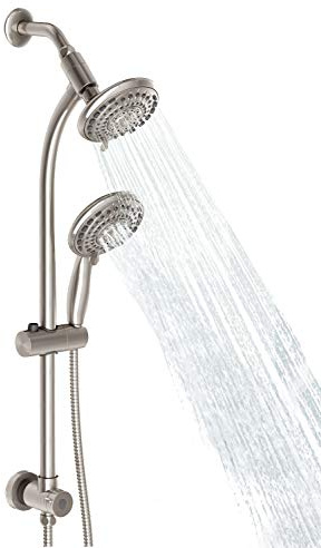 Egretshower Handheld Showerhead & Rain Shower Combo for Easy Reach, 27.5 Drill-free Stainless Steel Slide Bar, 5”of 5-setting Handheld Shower and Showerhead, with 5ft Hose -Brush Nickel