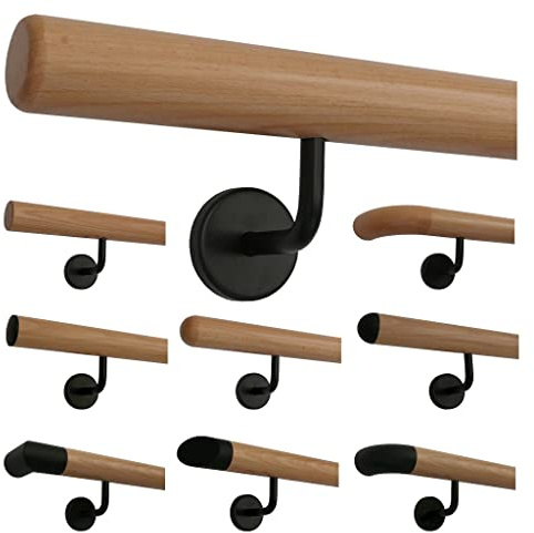 TIBU Buche Holz Handlauf Geländer 30-500cm im Set schwarze Halter Wandhandlauf Wand Treppe, Länge 320 cm mit 4 Halter Enden Radius gefräst