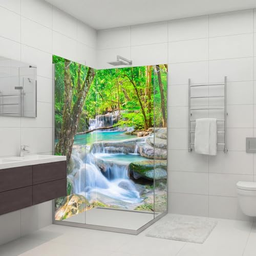 Dedeco 2x Premium Bad Duschrückwand mit Motiv: Wasserfall V8, 90x200cm mit UV-Lack glänzend, wasserfest, hochwertig fugenlose Wandverkleidung aus 3mm-Alu-Verbundplatte, Fliesenersatz ohne Bohren