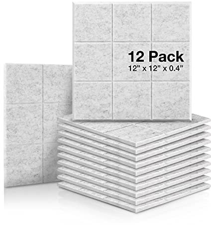 12 Pack Set Acoustic Absorption Panel, 12 X 12 X 0.4 Inches Light Grey Acoustic Soundproofing Insulation Panel Bevled Edge Tiles, Acoustic Treatment Used in Home & Offices, 9 Blocks Square Design
