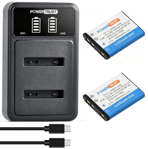 PowerTrust 2Pcs 1200mAh Li-42B Li-40B EN-EL10 D-Li63 Battery + LED Dual Charger with USB and type-C port for NP-45, NP-80, NP-82, KLIC-7006