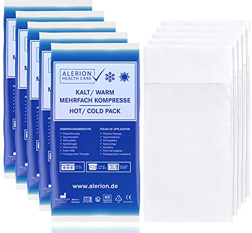 Alerion 5x Kalt Warm Kompresse 9x16 cm Set Angebot mit Vlieshülle Mehrfach Kompresse Wiederverwendbar Mikrowellen geeignet + 5 Vlieshüllen Coolpad Kühlpads