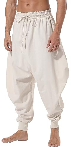 AITFINEISM Men's Drawstring Aladdin Hippie Harem Pants Loose Drop Crotch Trousers, Beige, Medium