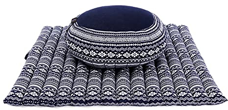 Leewadee set de meditación – Cojín de yoga Zafu y colchoneta de meditación Zabuton, asiento tailandés de kapok hecho a mano, set de 2, Azul Blanco