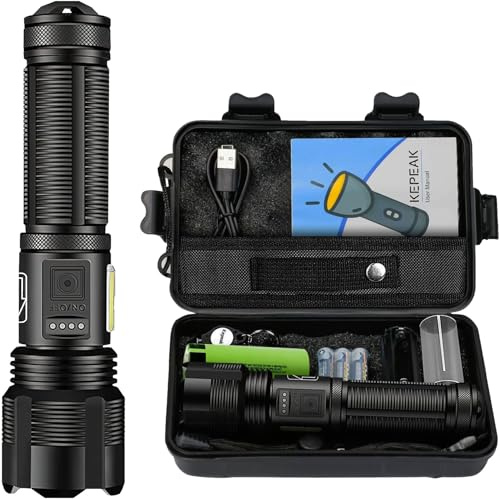 KEPEAK Torcia LED Ricaricabile, Torcia LED Potente Professionale 5000 Lumens Zoomable 6 Modalità, Torcia con Batteria da 3200mAh e AAA，IPX64 Torcia Tattica per Campeggio, Emergenza, Trekking