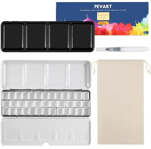 PEVART 40-teiliges Set: 1x Leere Aquarelldosenpalette Aquarellkasten Metallkasten leer Mal-Paletten, 37x Leere Aquarell Pfannen Wannen Näpfen für Aquarellfarben, 1x Wassertankpinsel, 1x Stoffbeutel