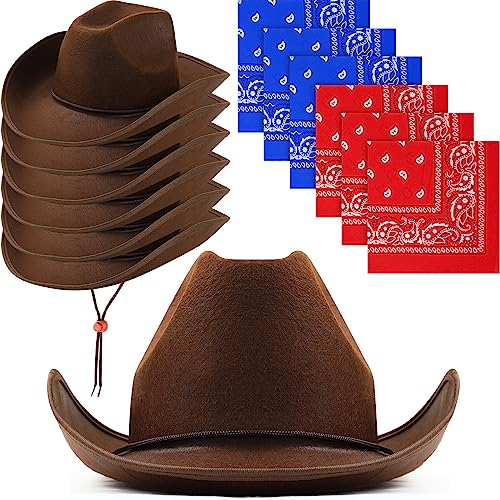 Coume 12 Pcs Cowboy Hats with Bandanas, Bulk Adjustable Felt Western Cowgirl Hats for Women and Men, Western Party Favors(Dark Brown)