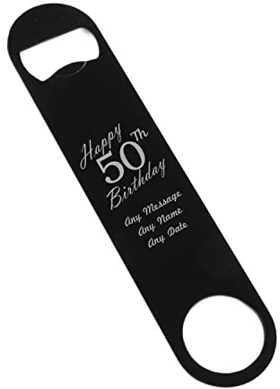 Personalised Engraved Large Black Stainless Steel Bar Blade, Durable Bottle Opener, Happy 50th Birthday Design, Birthday Gift, Gift for Him, Birthday, Home Bar Accessory, Engraved in The UK