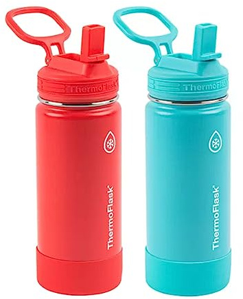 ThermoFlask 16oz Stainless Steel Water Bottle, 2-Pack, Red and Aquamarine