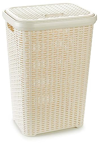 Tradineur - Cesto para Ropa Sucia con Asas y Tapa, pongotodo Rattan de plástico, Cubo para Colada, imitación Mimbre, hogar (Beige, 60 litros, 61,5 x 42,5 x 34 cm)