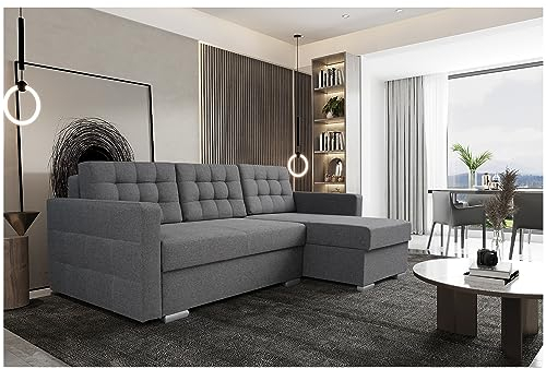 MEBLINI Schlafcouch mit Bettkasten - Kleines Ecksofa mit Schlaffunktion - Sofa mit Relaxfunktion und Kissen - Kleine Couch L-Form - Eckcouch - ASTI - 225x144x85cm - Grau Webstoff