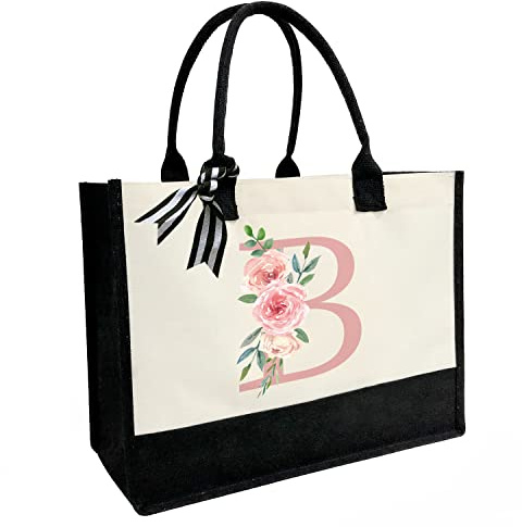 Personalisierte Initial Leinwand Strandtasche, Leinwand Tragetasche mit Innentasche mit Reißverschluss, doppelte Schultergurte monogrammierte Jute-Tasche für tägliche Arbeit und Reisen, Einheitsgröße