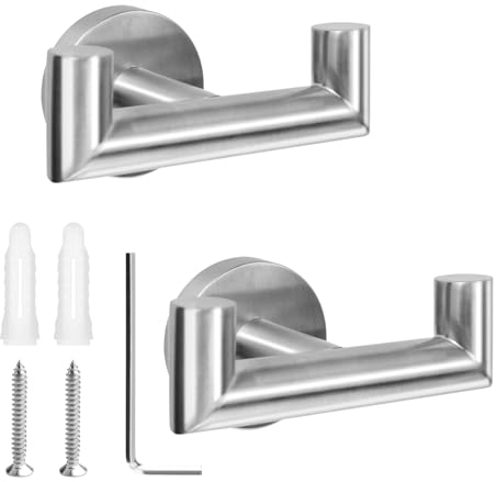 2 piezas de baño gancho de toalla, tornillo en el gancho del abrigo de metal cepillado toga gancho de acero inoxidable de alta resistencia percha toalla bata armario para el baño del hotel (Plata)