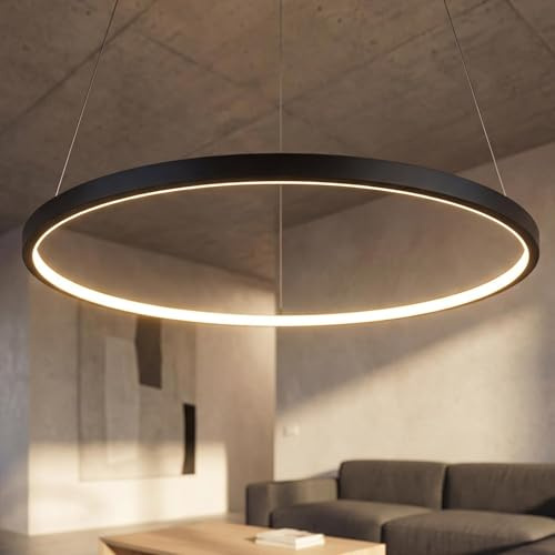 Licht-Erlebnisse LED Hängelampe Schwarz D: 60 cm H: max. 96 cm rund verstellbar Metall 2700 K 660 lm Modern warmweiße Pendelleuchte Ring Kronleuchter Esstisch