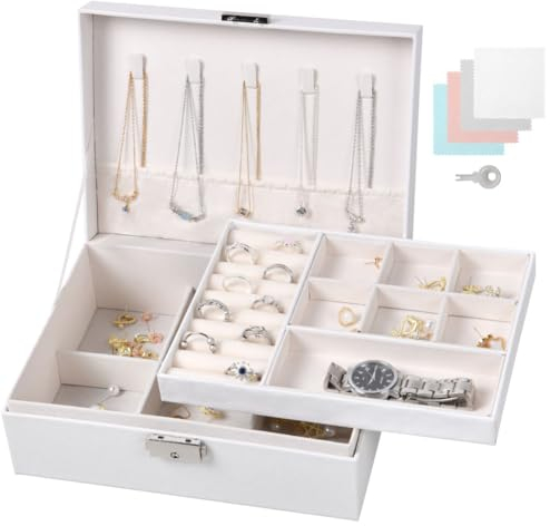 Aucuu Schmuckkästchen Damen, Schmuckkästchen Groß, 2 Ebenen Schmuckschatulle, Abschließbare Schmuckaufbewahrung mit Schlüssel, Schmuck Organizer, Schmuckbox Schmuckkasten für Ringe Halskette Ohringe