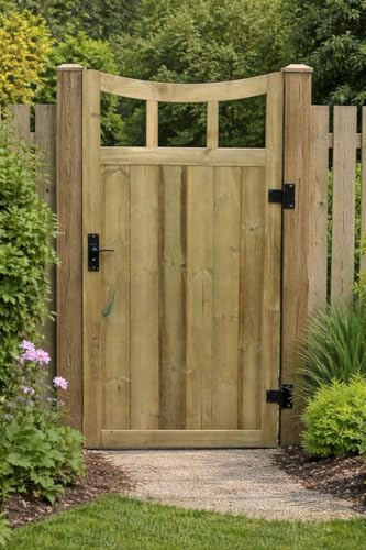 Wooden Curve TVG Garden Gate Pedestrian Gate Wooden Pressure Treated 5ft 150cm,(150cm High x 83cm Wide x 5cm Deep)