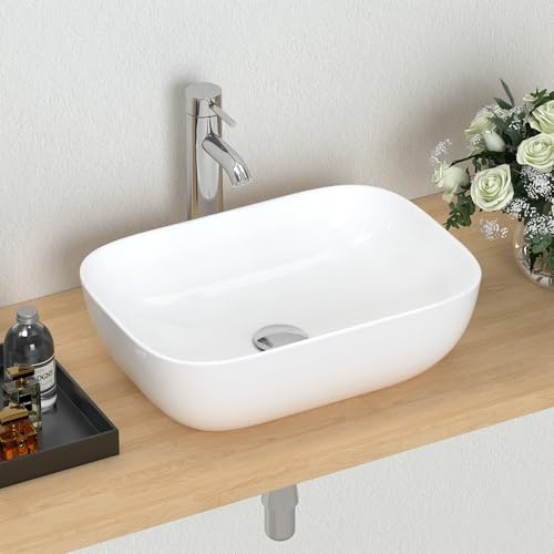 J-FAMILY 18.3'' x 13'' Bathroom Vessel Sink White Porcelain Ceramic Wash Basin Vanity Above Counter Oval Sink Lavatory Art Basin