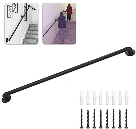 Handläufe für Treppen – Schwarzes modernes Treppengeländer – komplettes Set an der Wand montierte Stufen, Haltegriff, Handläufe aus Metall, Schmiedeeisen, Geländer für drinnen und draußen (18 Fuß)