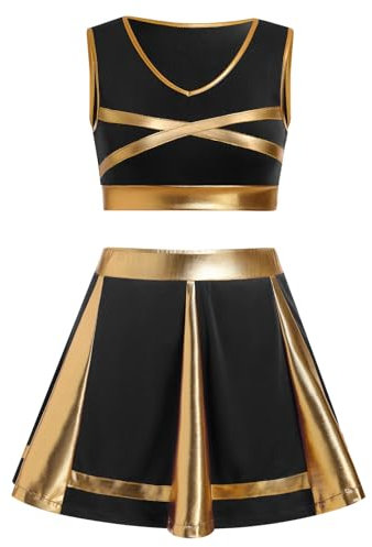 IBAKOM Damen-Cheerleader-Outfits, ärmellos, bauchfreies Top, plissiert, Minirock, zweiteilig, Cheerleader-Uniform, Erwachsenen-80er-Jahre-Kostüm, Turnanzug, Tanzrock, Schwarz, Größe S
