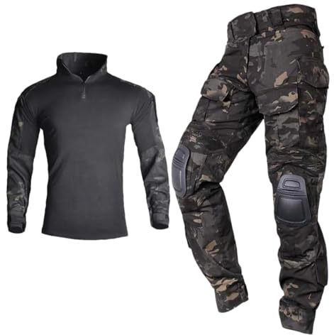 Verschleißfester Outdoor-Kampfanzug, Bekleidungs-Set, taktische Camo1-Kleidung, Jagduniform, Paintball-Ausrüstung, Schwarz CP mit Polstern, S