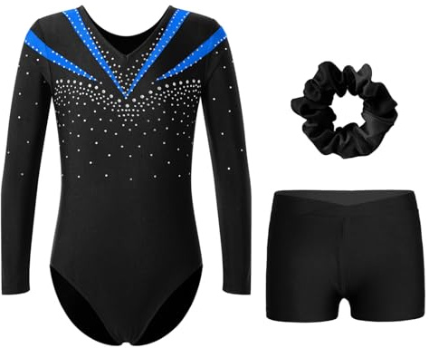 Jugaoge Långärmad gymnastikdräkt för flickor, gymnastikdräkt med korta byxor, elastiskt hårgummi, sport, yoga, fitness, träning, dans, shorts, 3 delar, klädset, blå, 146/152 cm