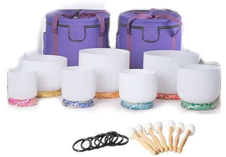 Juego sintonizado con chakras de 7 cuencos tibetanos de cristal de cuarzo con 2 * estuches de transporte resistentes y 7 * mazo de cuenco tibetano for curación con sonido y meditación(432 HZ 6-12 INCH