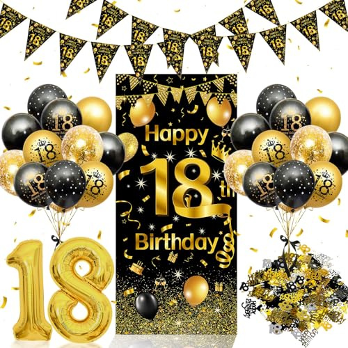 18. Geburtstag Junge Mädchen Deko Set, Rainllon Schwarz Gold luftballon 18 | Konfetti Deko 18. Geburtstag,Girlande Wimpel,Geburtstagsdeko 18 jahre Lange Banner Hintergrund Party Deko zur Volljährigkeit
