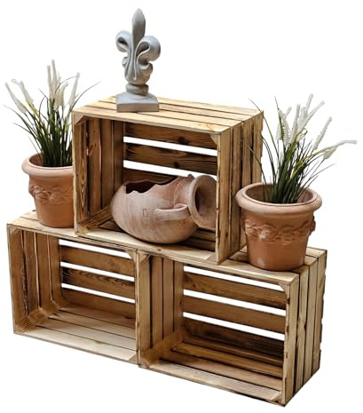 Teramico 3er Set massive und stabile Obstkisten/Holzkisten/Weinkisten - 50 x 40 x 30cm Geflammt/Natur- Tolle Dekoration für Innen und Außen (3er Set hell geflammt)
